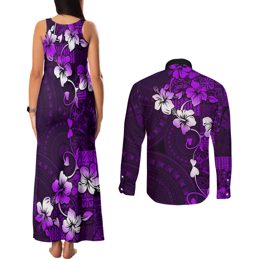 Fiji Masi Couples Matching Tank Maxi Dress and Long Sleeve Button Shirt Fijian Hibiscus Tapa Purple Version LT01 - Polynesian Pride