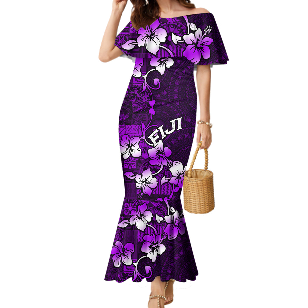 Fiji Masi Family Matching Mermaid Dress and Hawaiian Shirt Fijian Hibiscus Tapa Purple Version LT01 Mom's Dress Purple - Polynesian Pride