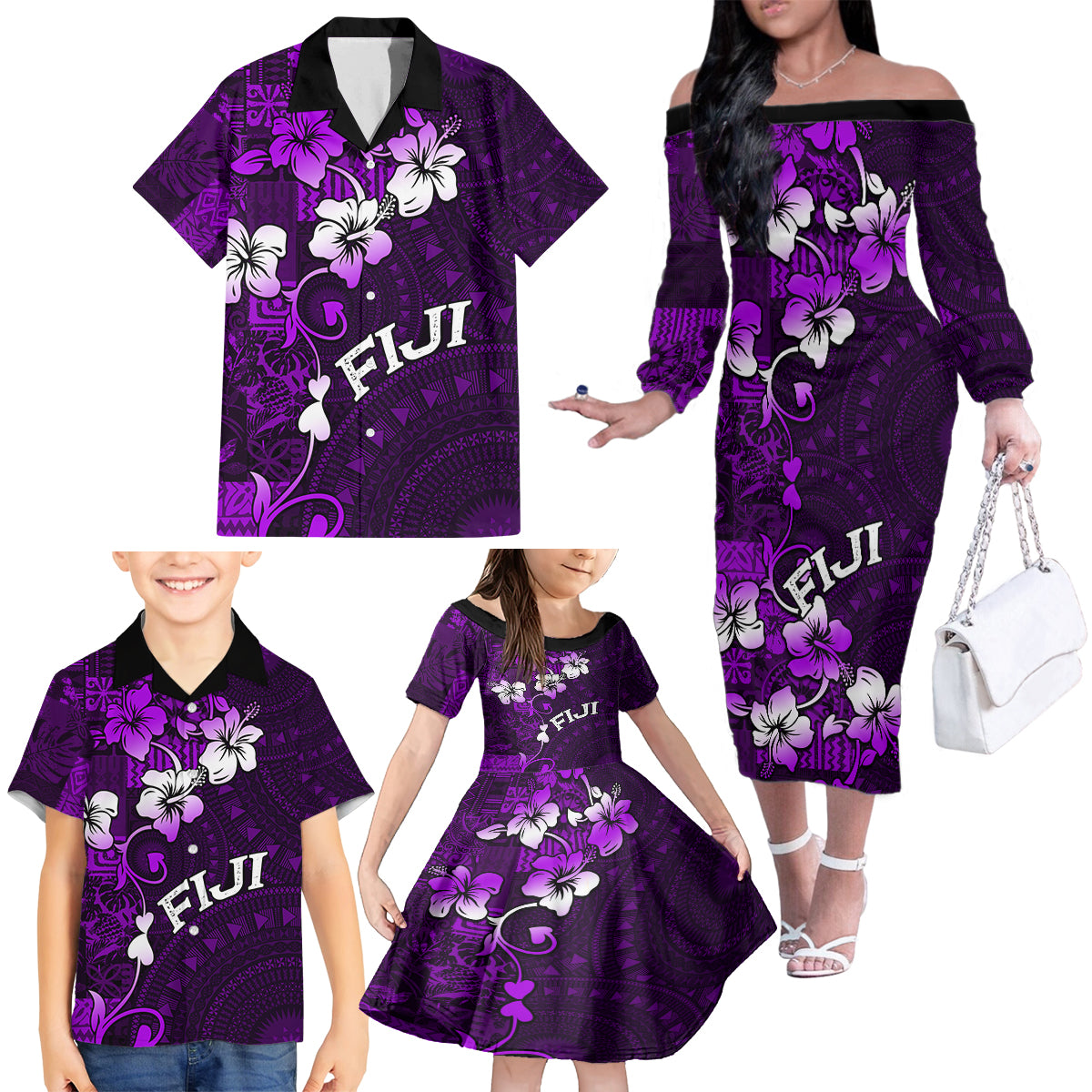 Fiji Masi Family Matching Off Shoulder Long Sleeve Dress and Hawaiian Shirt Fijian Hibiscus Tapa Purple Version LT01 - Polynesian Pride