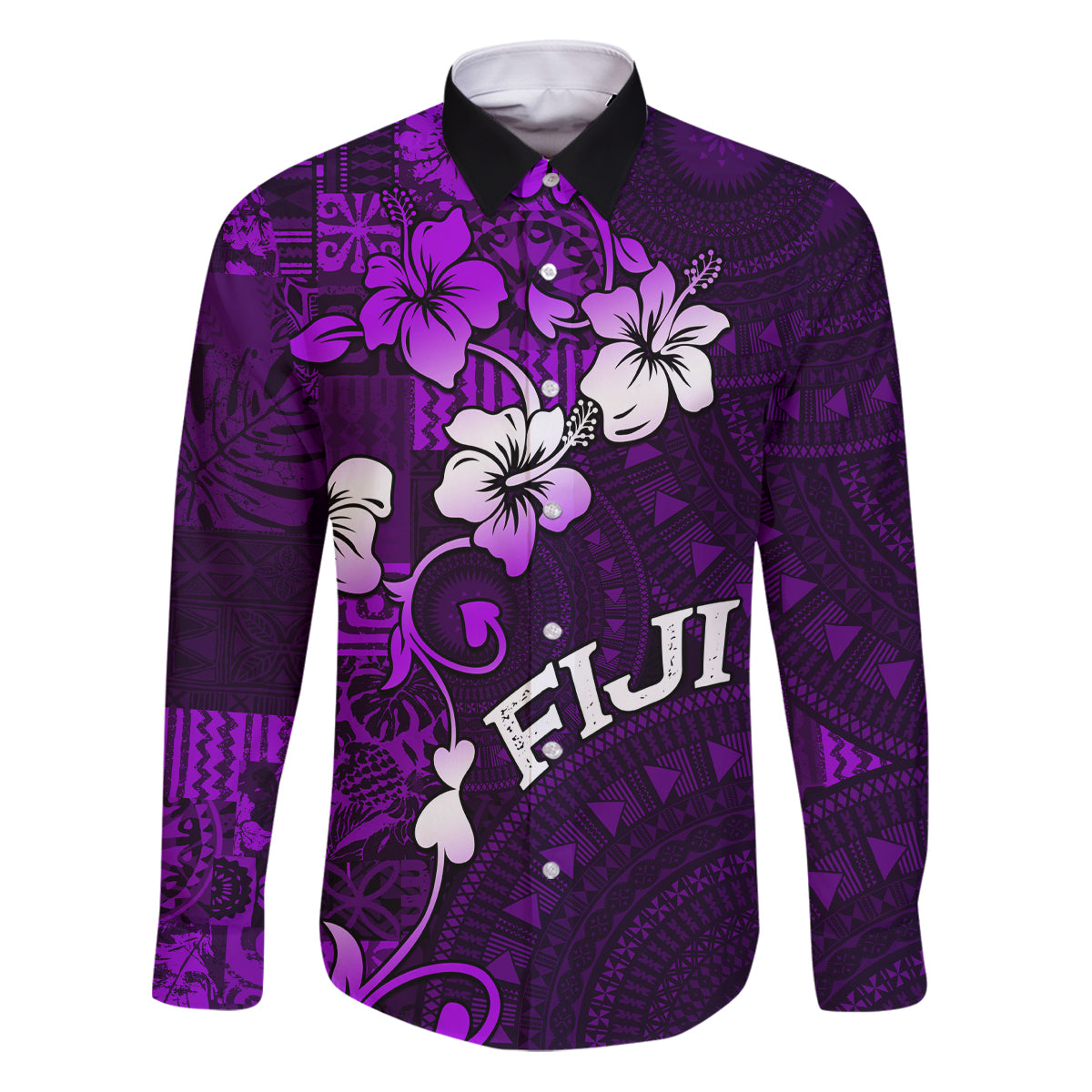 Fiji Masi Family Matching Puletasi Dress and Hawaiian Shirt Fijian Hibiscus Tapa Purple Version LT01 Dad's Shirt - Long Sleeve Purple - Polynesian Pride