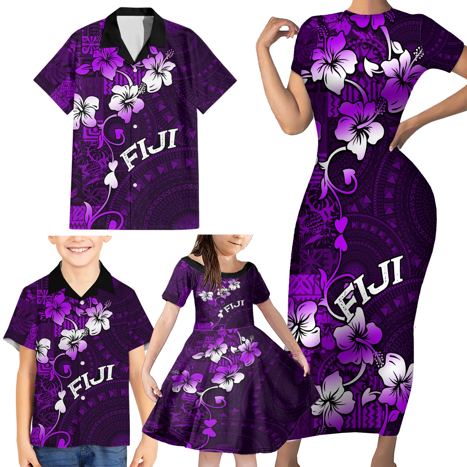 Fiji Masi Family Matching Short Sleeve Bodycon Dress and Hawaiian Shirt Fijian Hibiscus Tapa Purple Version LT01 - Polynesian Pride