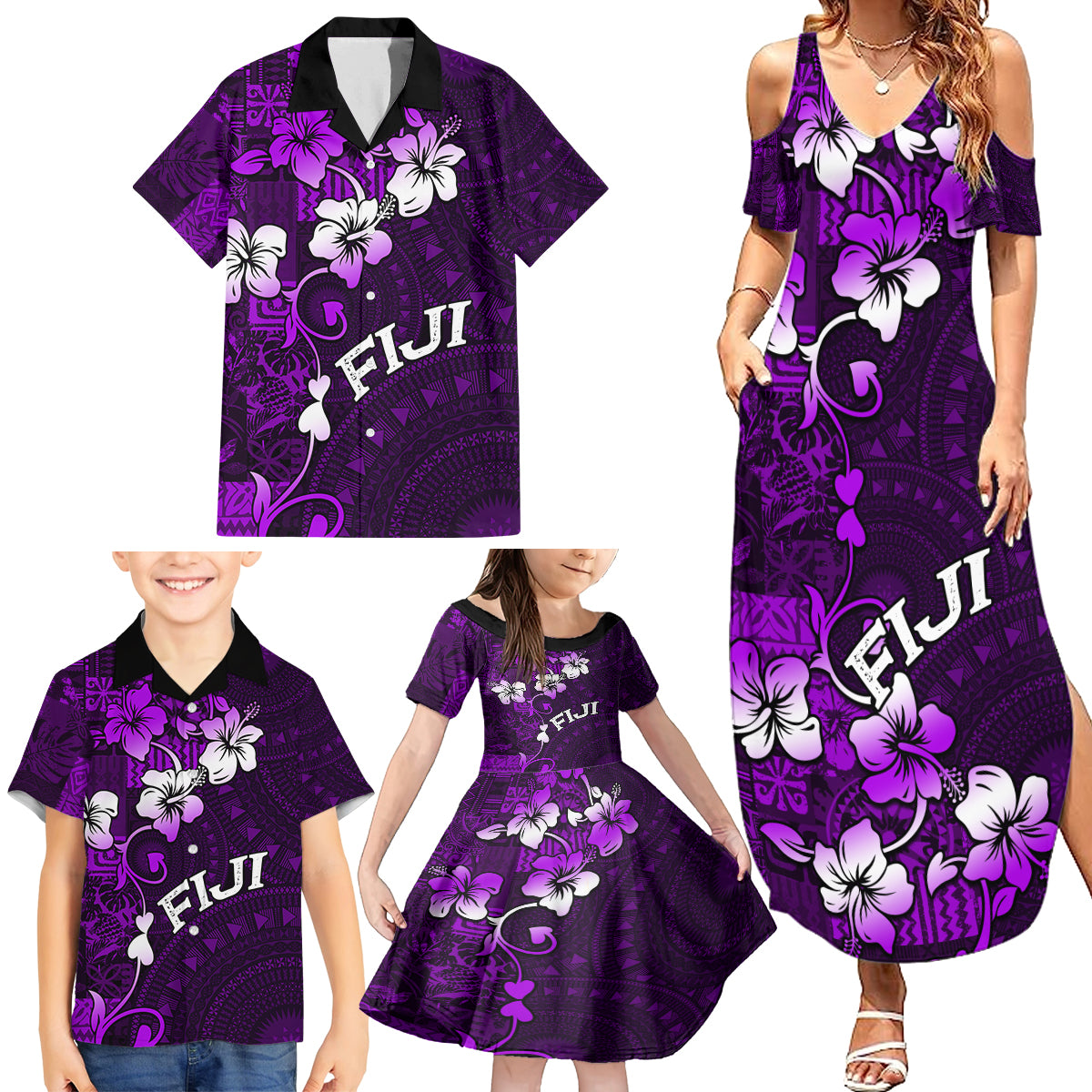 Fiji Masi Family Matching Summer Maxi Dress and Hawaiian Shirt Fijian Hibiscus Tapa Purple Version LT01 - Polynesian Pride