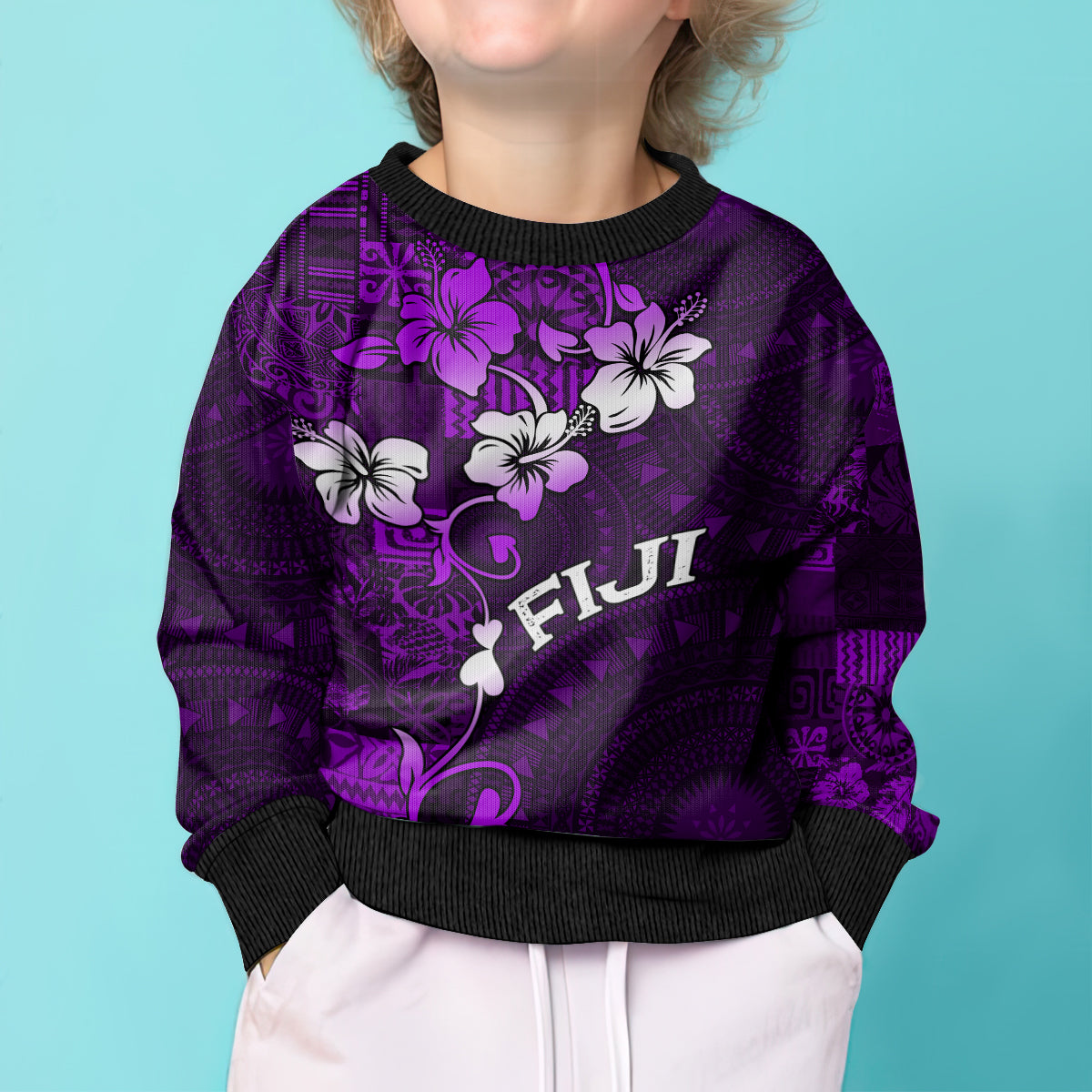 Fiji Masi Kid Ugly Christmas Sweater Fijian Hibiscus Tapa Purple Version LT01 - Polynesian Pride