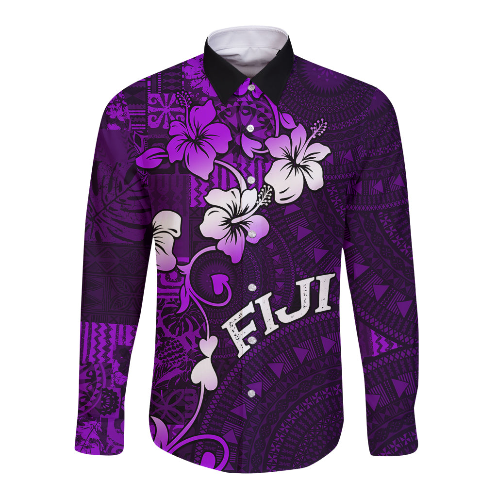 Fiji Masi Long Sleeve Button Shirt Fijian Hibiscus Tapa Purple Version LT01 Unisex Purple - Polynesian Pride