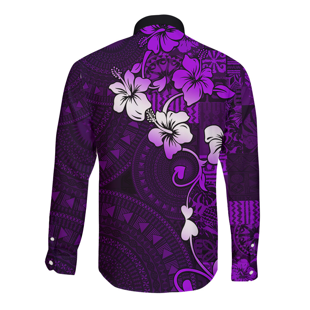 Fiji Masi Long Sleeve Button Shirt Fijian Hibiscus Tapa Purple Version LT01 - Polynesian Pride