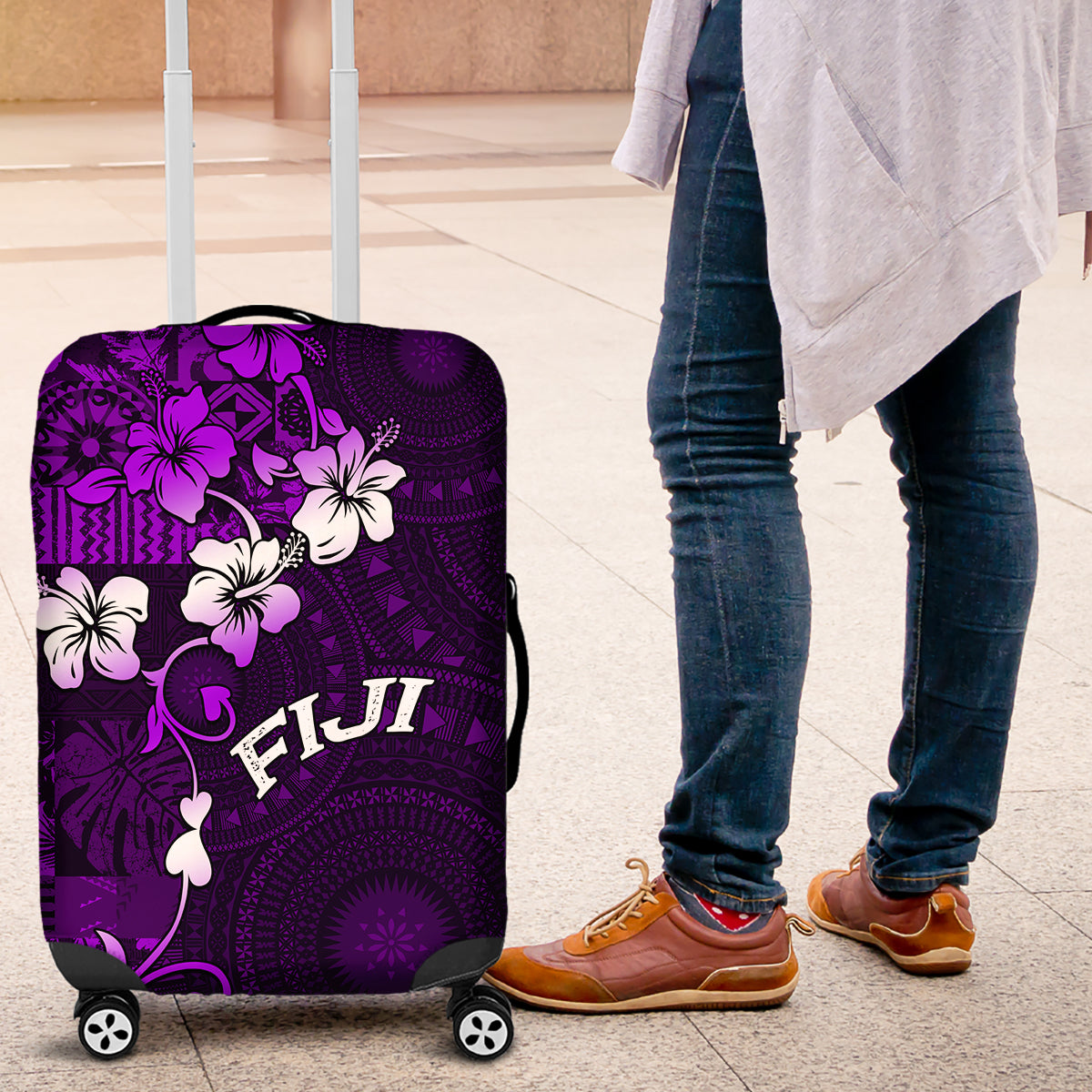 Fiji Masi Luggage Cover Fijian Hibiscus Tapa Purple Version LT01 Purple - Polynesian Pride