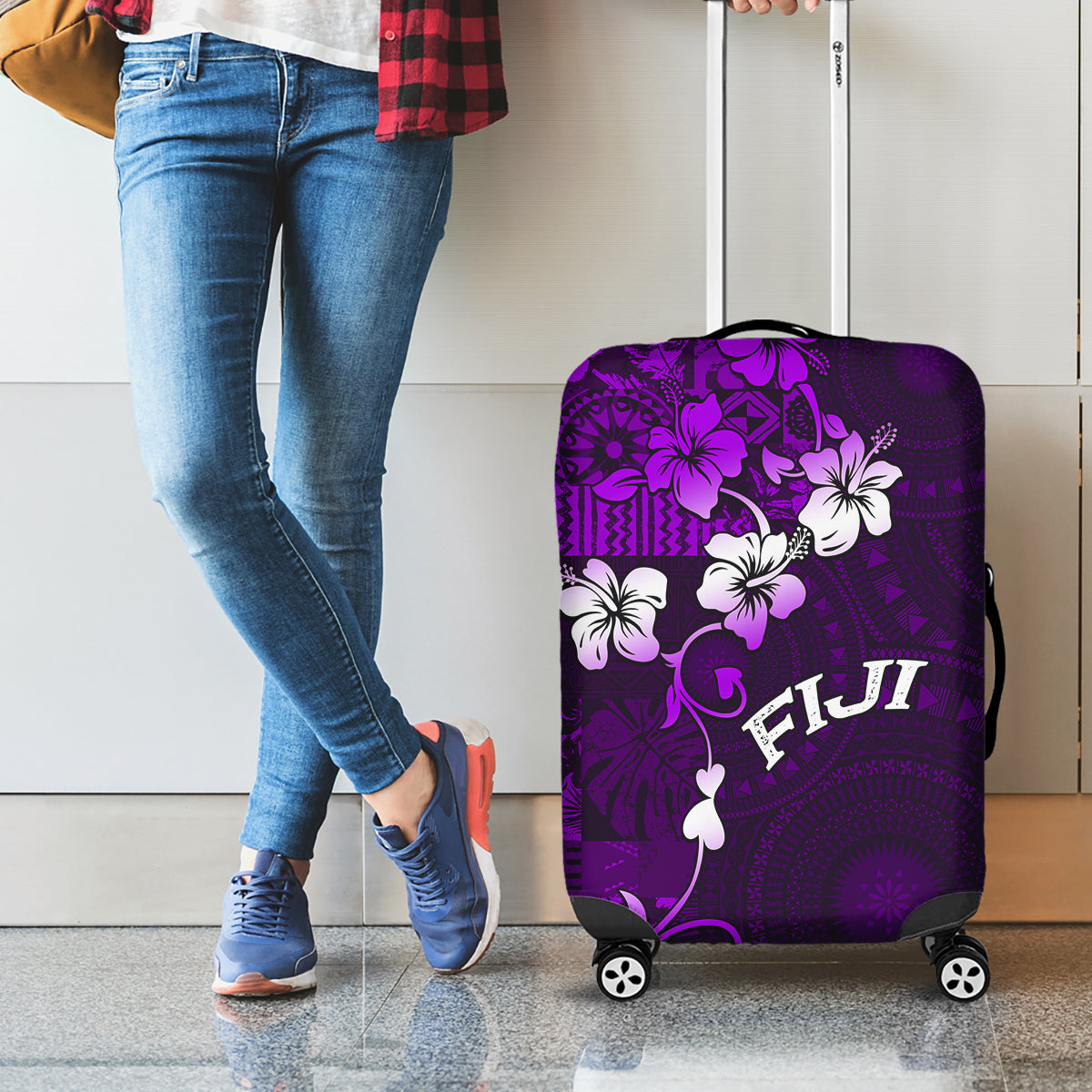 Fiji Masi Luggage Cover Fijian Hibiscus Tapa Purple Version LT01 - Polynesian Pride