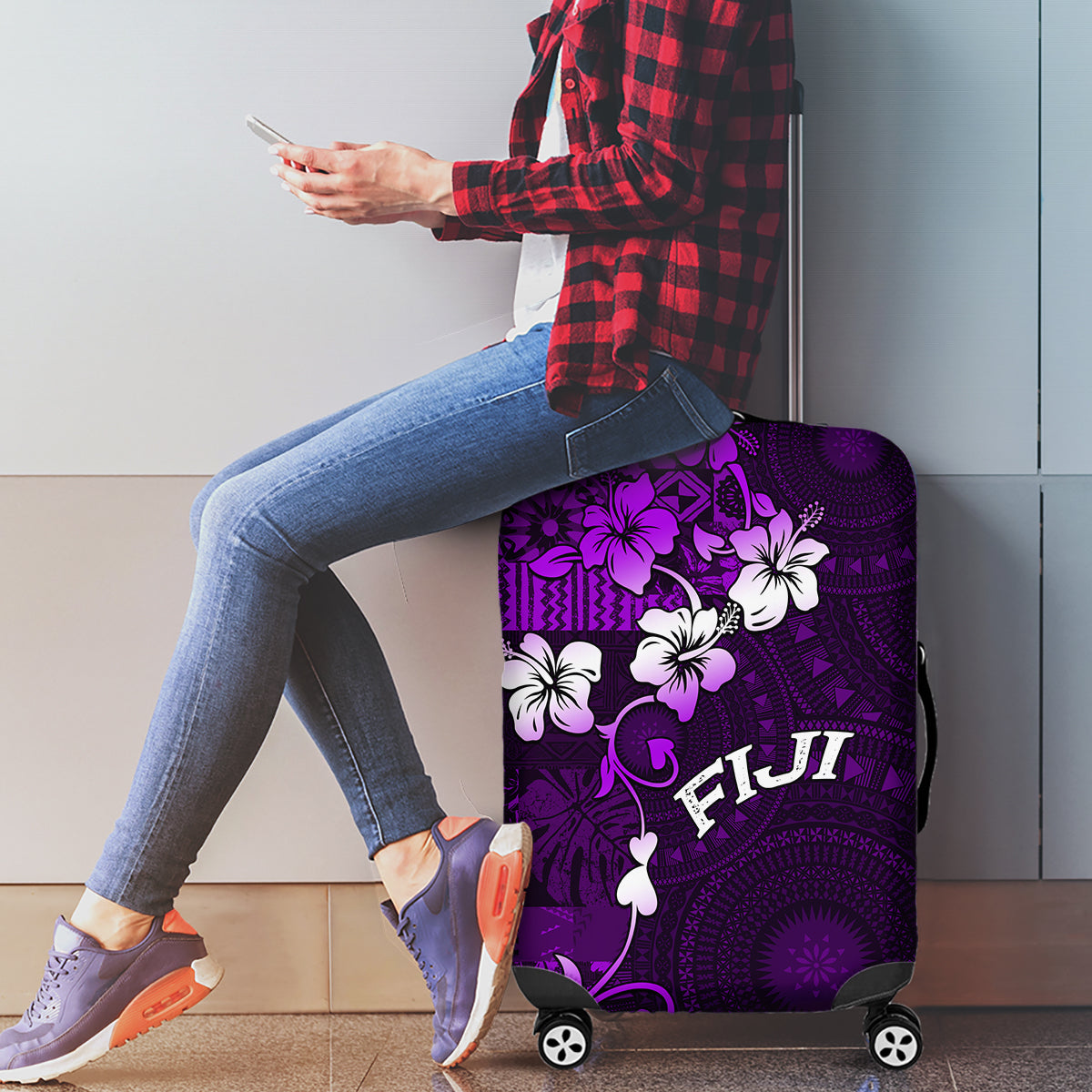 Fiji Masi Luggage Cover Fijian Hibiscus Tapa Purple Version LT01 - Polynesian Pride