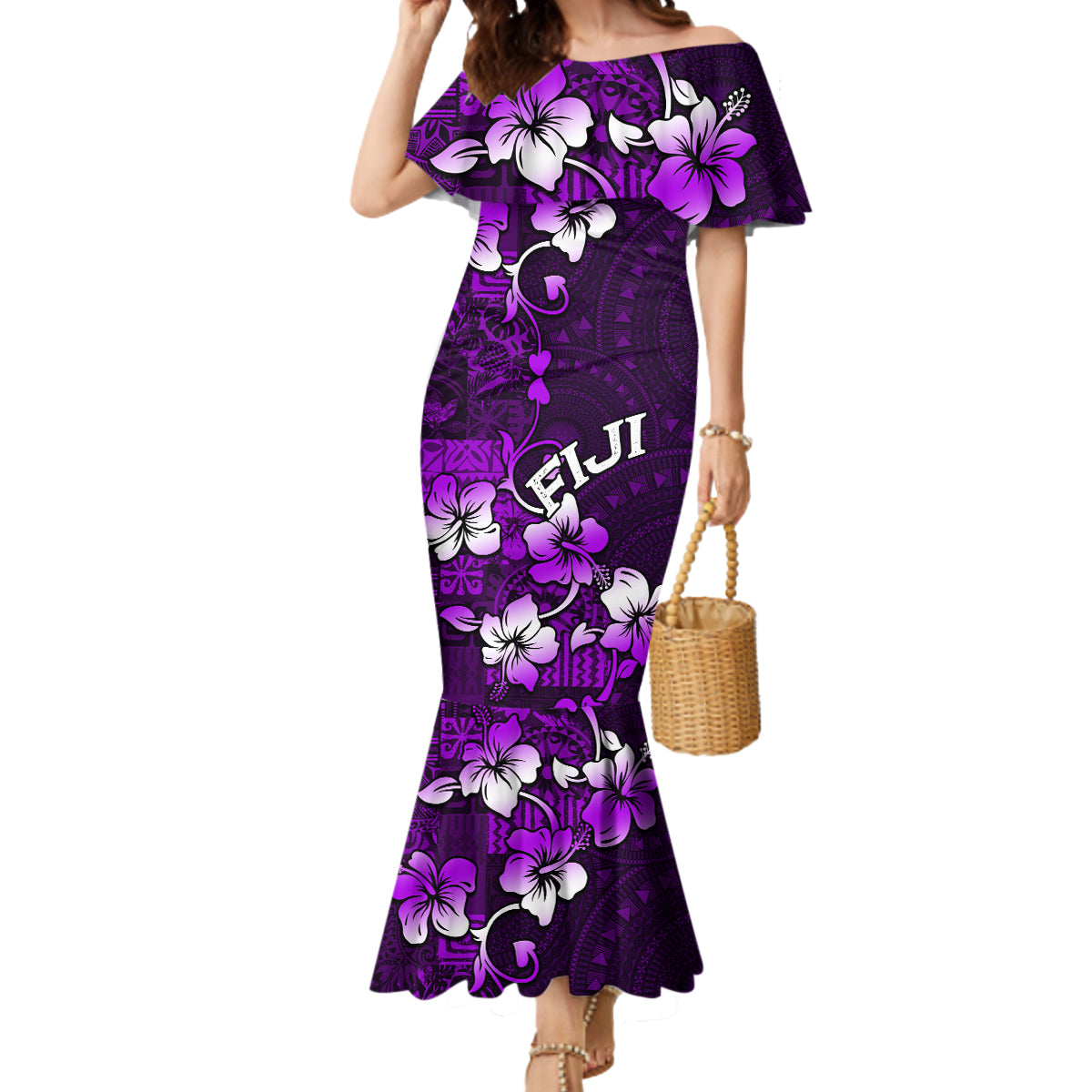 Fiji Masi Mermaid Dress Fijian Hibiscus Tapa Purple Version LT01 Women Purple - Polynesian Pride