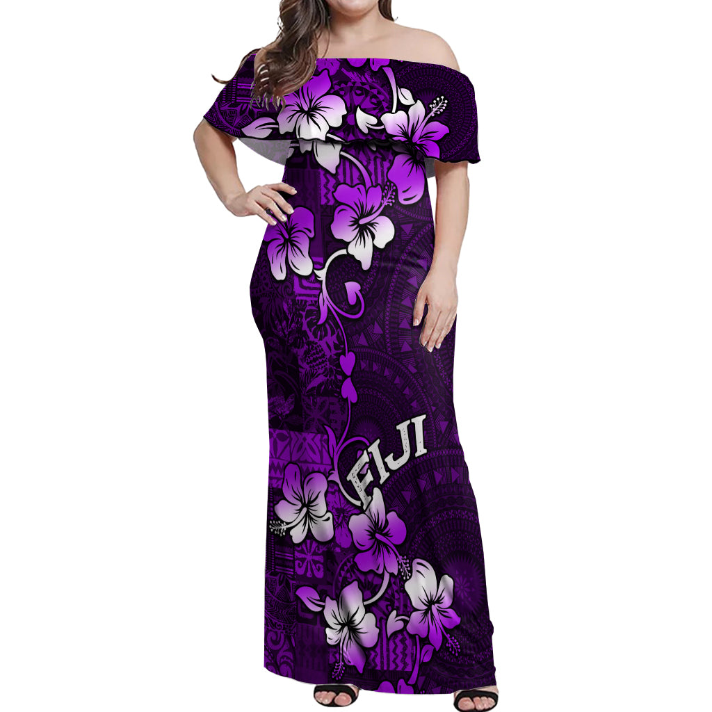 Fiji Masi Off Shoulder Maxi Dress Fijian Hibiscus Tapa Purple Version LT01 Women Purple - Polynesian Pride