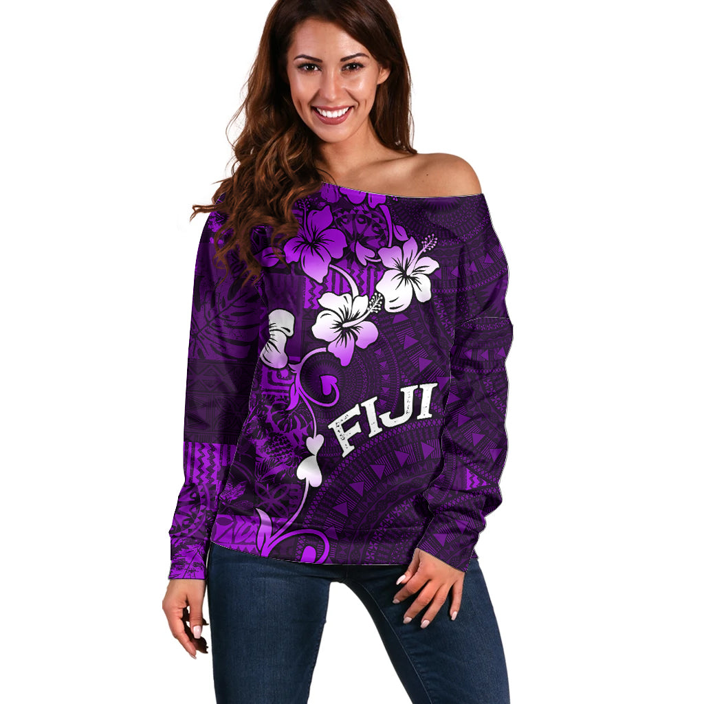 Fiji Masi Off Shoulder Sweater Fijian Hibiscus Tapa Purple Version LT01 Women Purple - Polynesian Pride