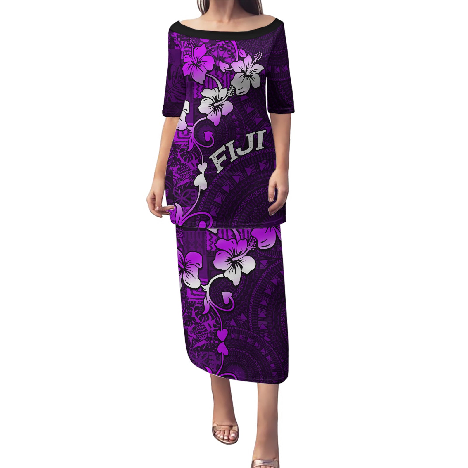 Fiji Masi Puletasi Fijian Hibiscus Tapa Purple Version LT01 Long Dress Purple - Polynesian Pride