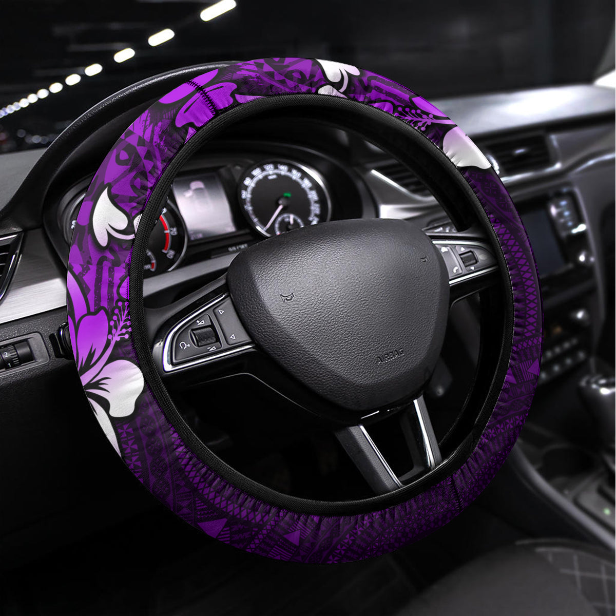 Fiji Masi Steering Wheel Cover Fijian Hibiscus Tapa Purple Version