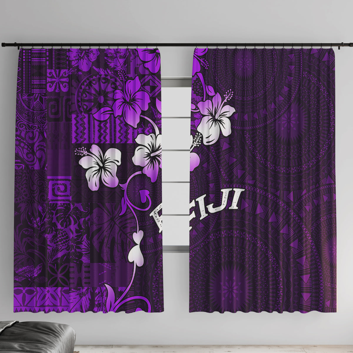 Fiji Masi Window Curtain Fijian Hibiscus Tapa Purple Version LT01 With Hooks Purple - Polynesian Pride