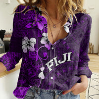 Fiji Masi Women Casual Shirt Fijian Hibiscus Tapa Purple Version LT01 Female Purple - Polynesian Pride