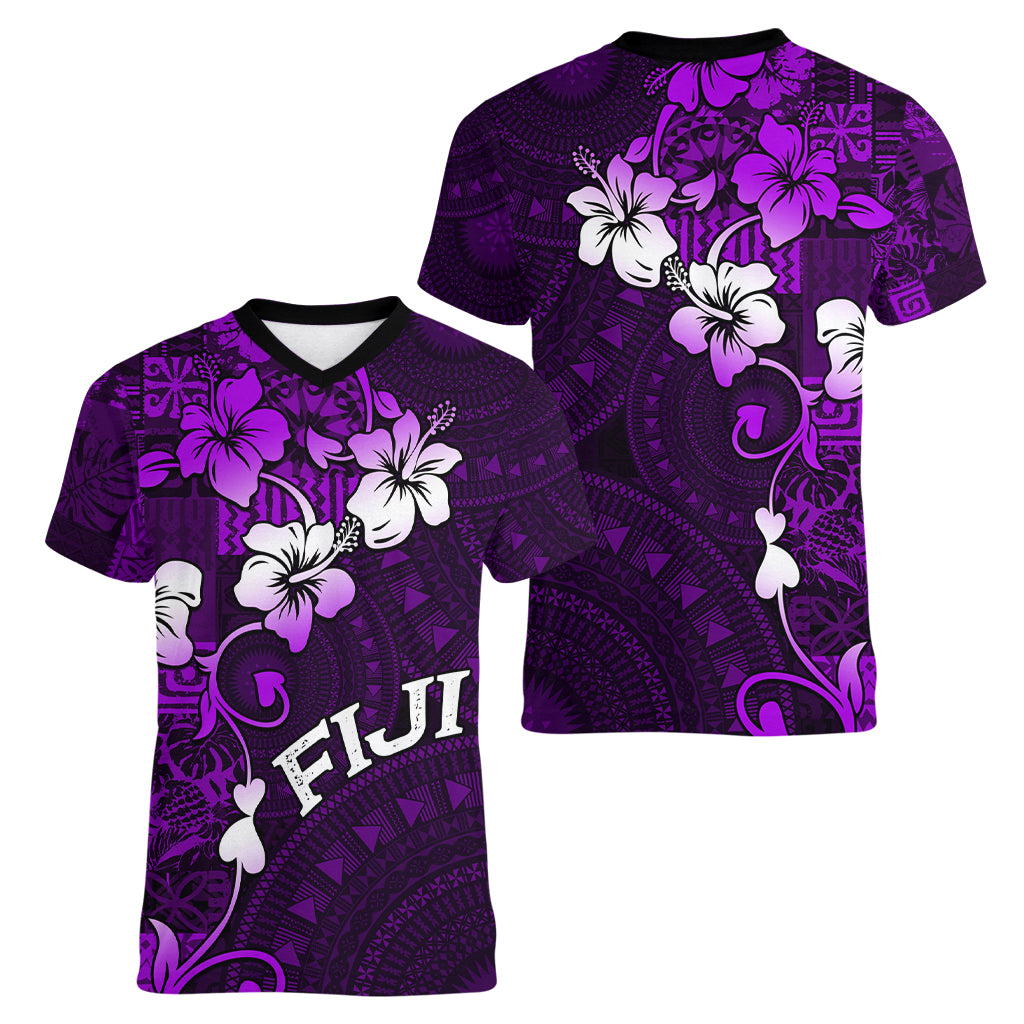 Fiji Masi Women V Neck T Shirt Fijian Hibiscus Tapa Purple Version LT01 - Polynesian Pride