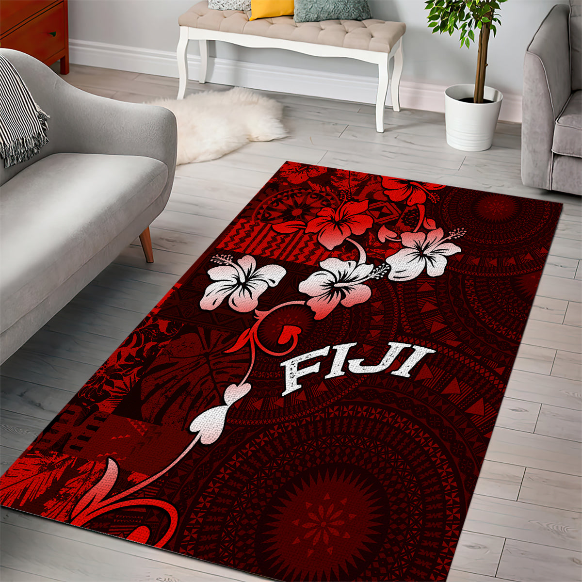 Fiji Masi Area Rug Fijian Hibiscus Tapa Red Version LT01 - Polynesian Pride