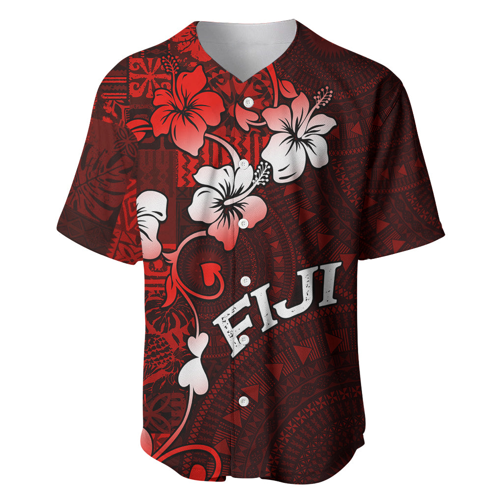 Fiji Masi Baseball Jersey Fijian Hibiscus Tapa Red Version LT01 Red - Polynesian Pride