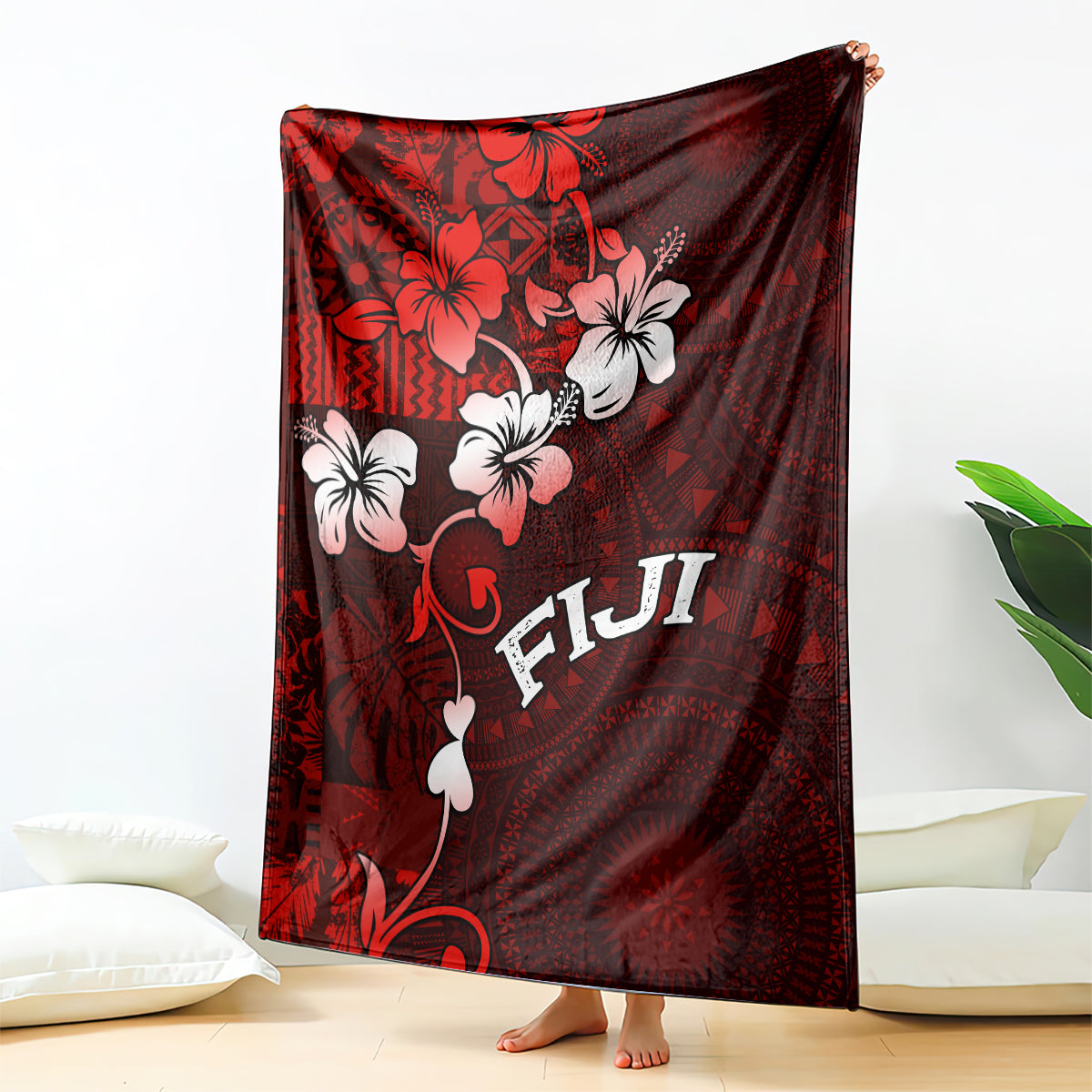 Fiji Masi Blanket Fijian Hibiscus Tapa Red Version LT01 Red - Polynesian Pride