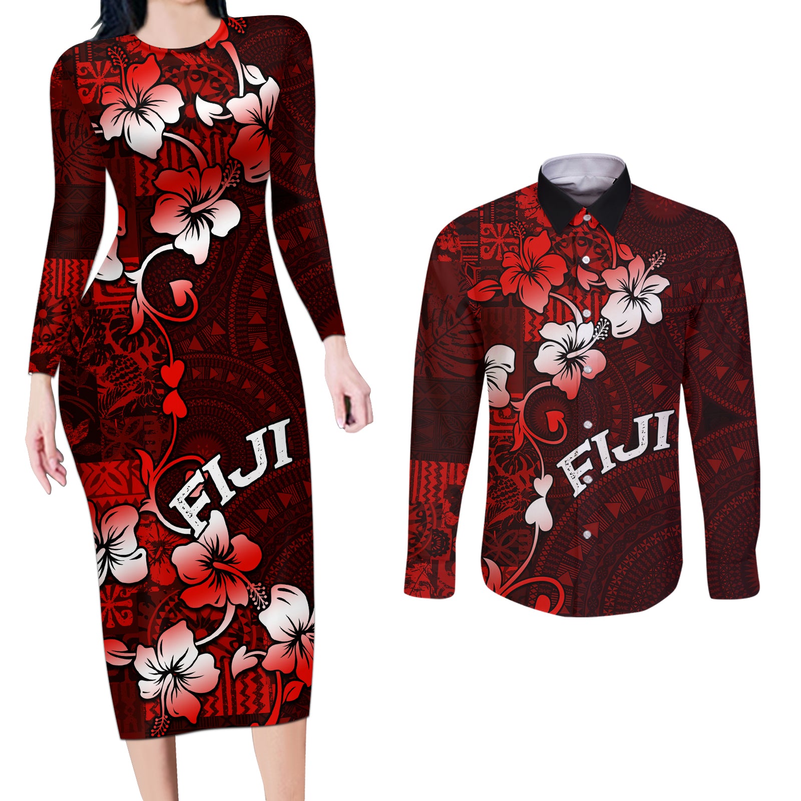 Fiji Masi Couples Matching Long Sleeve Bodycon Dress and Long Sleeve Button Shirt Fijian Hibiscus Tapa Red Version LT01 Red - Polynesian Pride