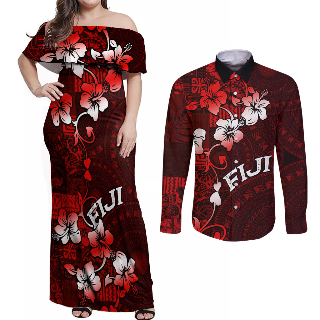 Fiji Masi Couples Matching Off Shoulder Maxi Dress and Long Sleeve Button Shirt Fijian Hibiscus Tapa Red Version LT01 Red - Polynesian Pride