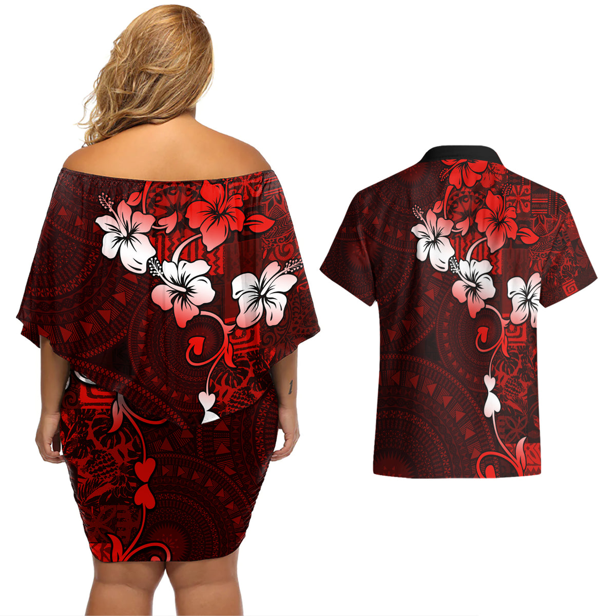 Fiji Masi Couples Matching Off Shoulder Short Dress and Hawaiian Shirt Fijian Hibiscus Tapa Red Version LT01 - Polynesian Pride