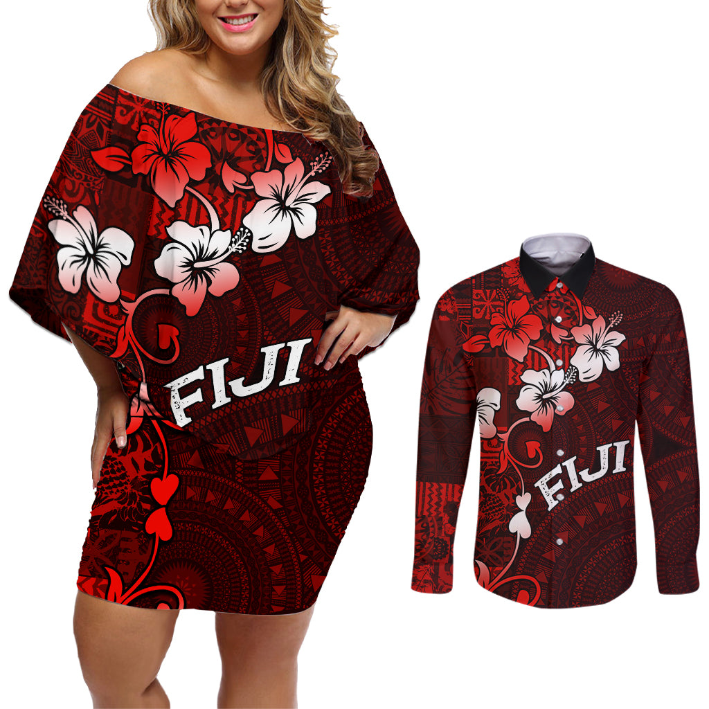 Fiji Masi Couples Matching Off Shoulder Short Dress and Long Sleeve Button Shirt Fijian Hibiscus Tapa Red Version LT01 Red - Polynesian Pride