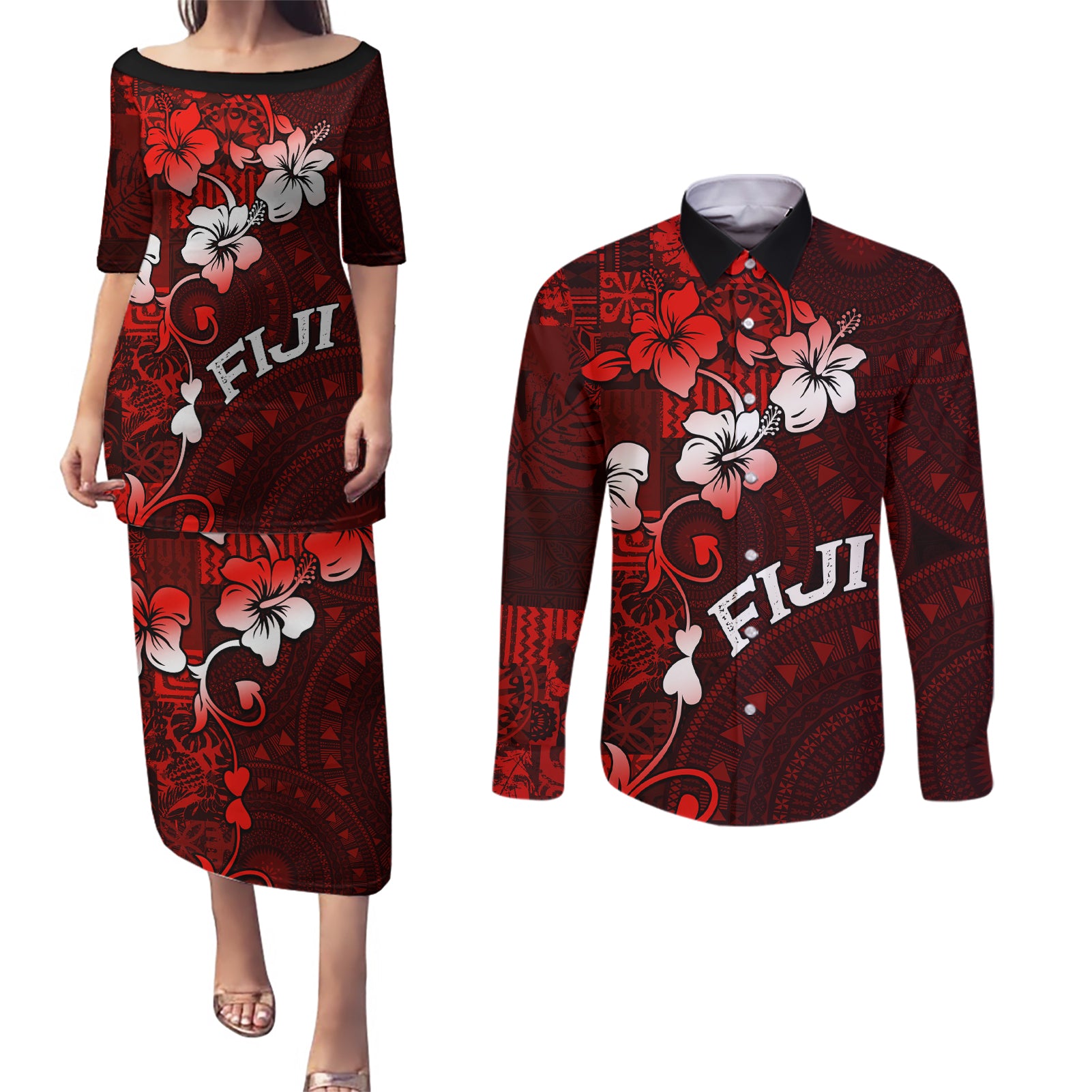 Fiji Masi Couples Matching Puletasi Dress and Long Sleeve Button Shirt Fijian Hibiscus Tapa Red Version LT01 Red - Polynesian Pride