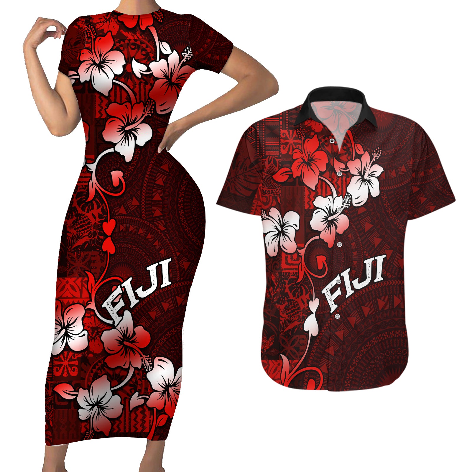 Fiji Masi Couples Matching Short Sleeve Bodycon Dress and Hawaiian Shirt Fijian Hibiscus Tapa Red Version LT01 Red - Polynesian Pride