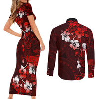 Fiji Masi Couples Matching Short Sleeve Bodycon Dress and Long Sleeve Button Shirt Fijian Hibiscus Tapa Red Version LT01 - Polynesian Pride