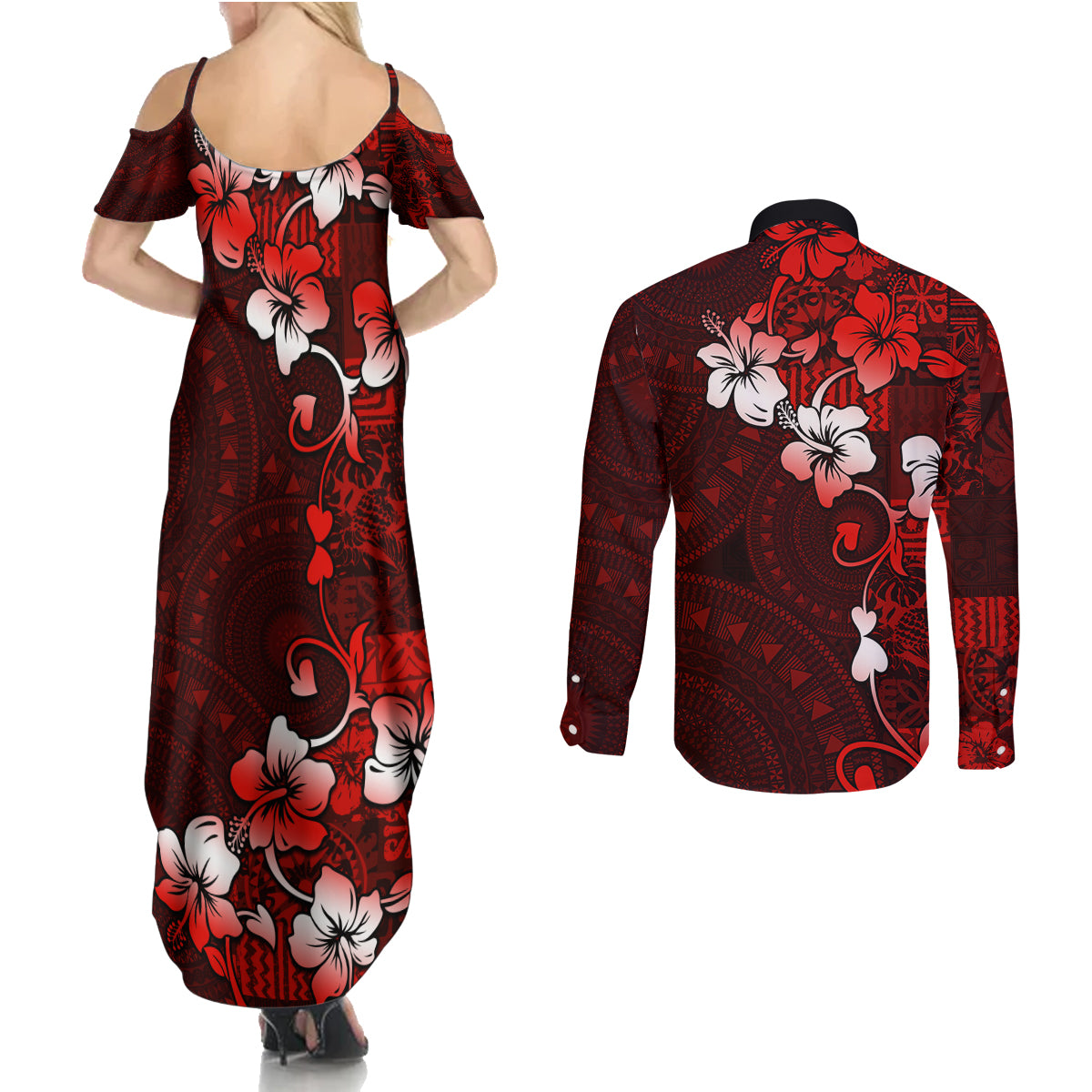 Fiji Masi Couples Matching Summer Maxi Dress and Long Sleeve Button Shirt Fijian Hibiscus Tapa Red Version LT01 - Polynesian Pride