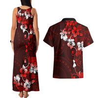 Fiji Masi Couples Matching Tank Maxi Dress and Hawaiian Shirt Fijian Hibiscus Tapa Red Version LT01 - Polynesian Pride