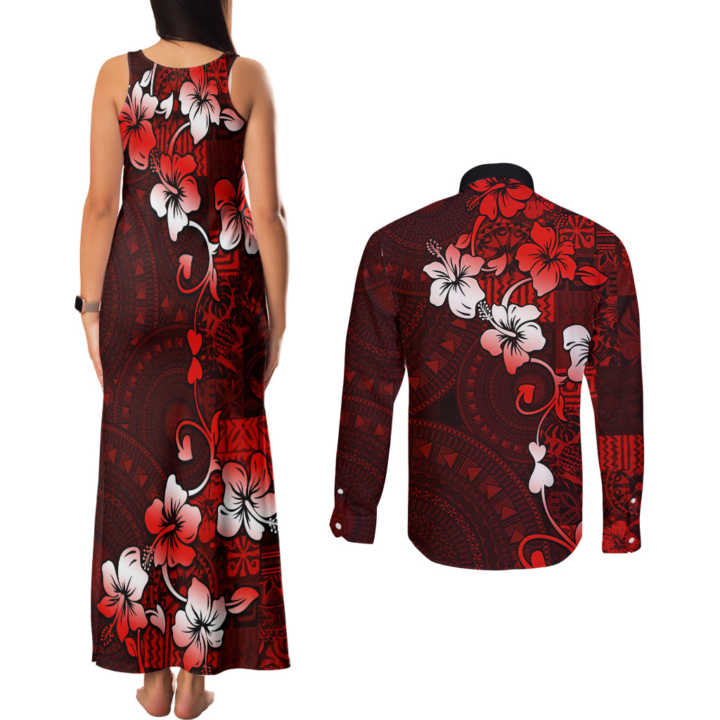 Fiji Masi Couples Matching Tank Maxi Dress and Long Sleeve Button Shirt Fijian Hibiscus Tapa Red Version LT01 - Polynesian Pride
