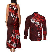 Fiji Masi Couples Matching Tank Maxi Dress and Long Sleeve Button Shirt Fijian Hibiscus Tapa Red Version LT01 - Polynesian Pride