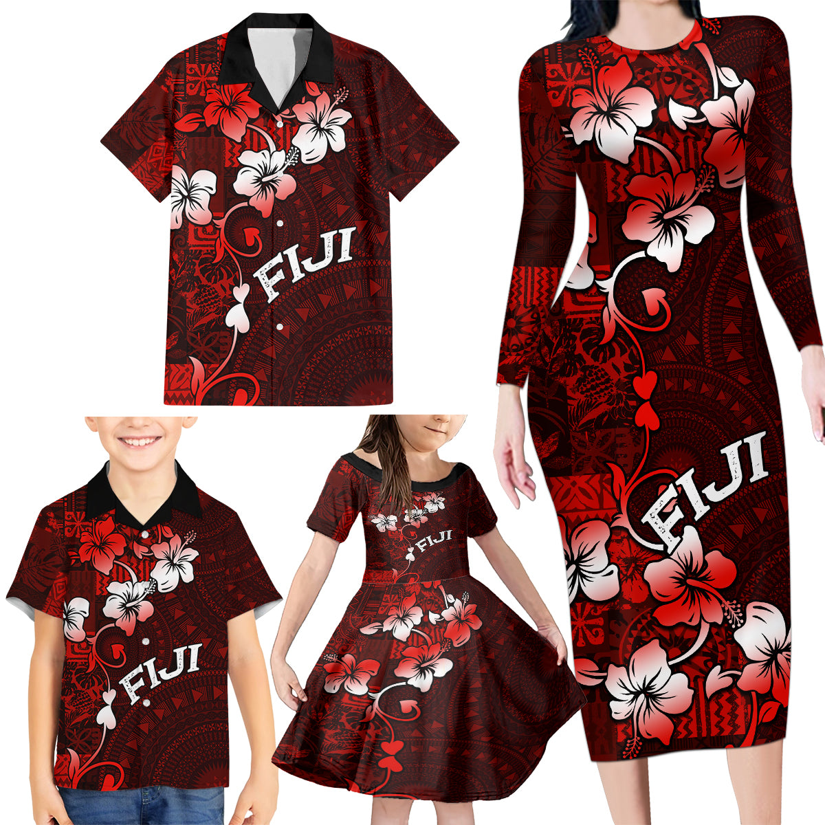 Fiji Masi Family Matching Long Sleeve Bodycon Dress and Hawaiian Shirt Fijian Hibiscus Tapa Red Version LT01 - Polynesian Pride