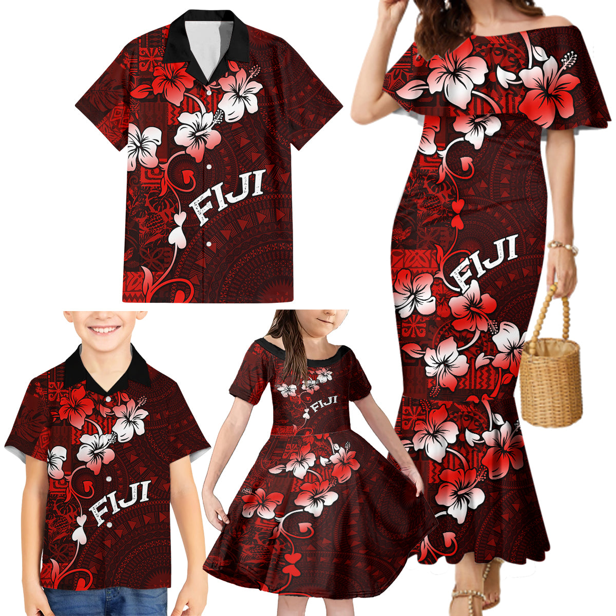 Fiji Masi Family Matching Mermaid Dress and Hawaiian Shirt Fijian Hibiscus Tapa Red Version LT01 - Polynesian Pride