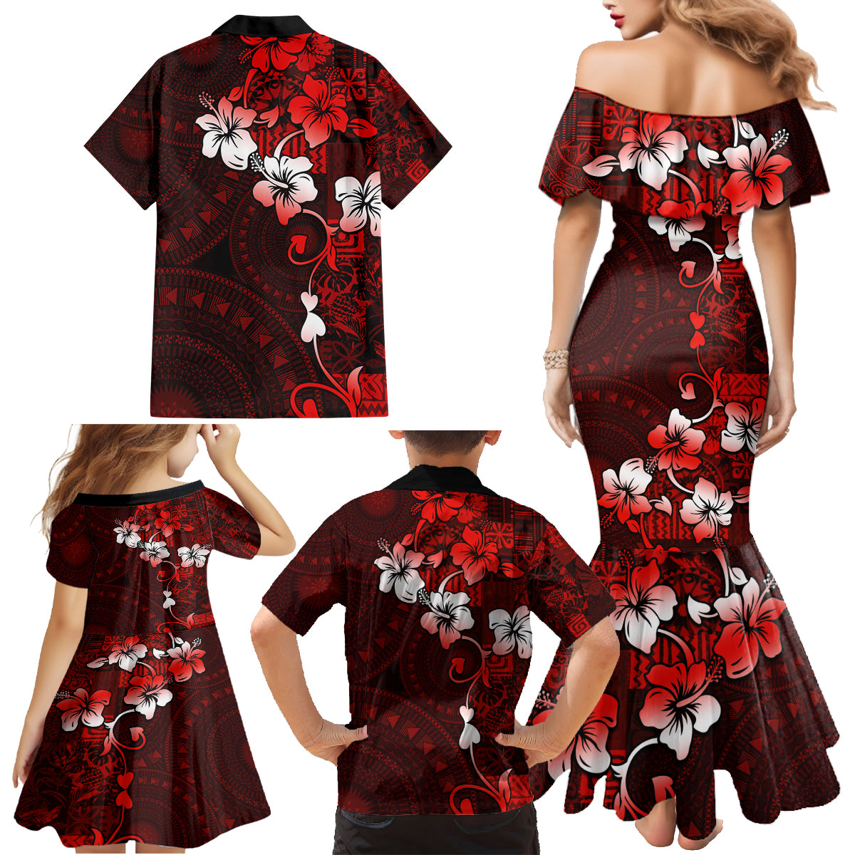 Fiji Masi Family Matching Mermaid Dress and Hawaiian Shirt Fijian Hibiscus Tapa Red Version LT01 - Polynesian Pride