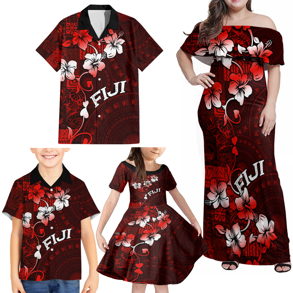 Fiji Masi Family Matching Off Shoulder Maxi Dress and Hawaiian Shirt Fijian Hibiscus Tapa Red Version LT01 - Polynesian Pride