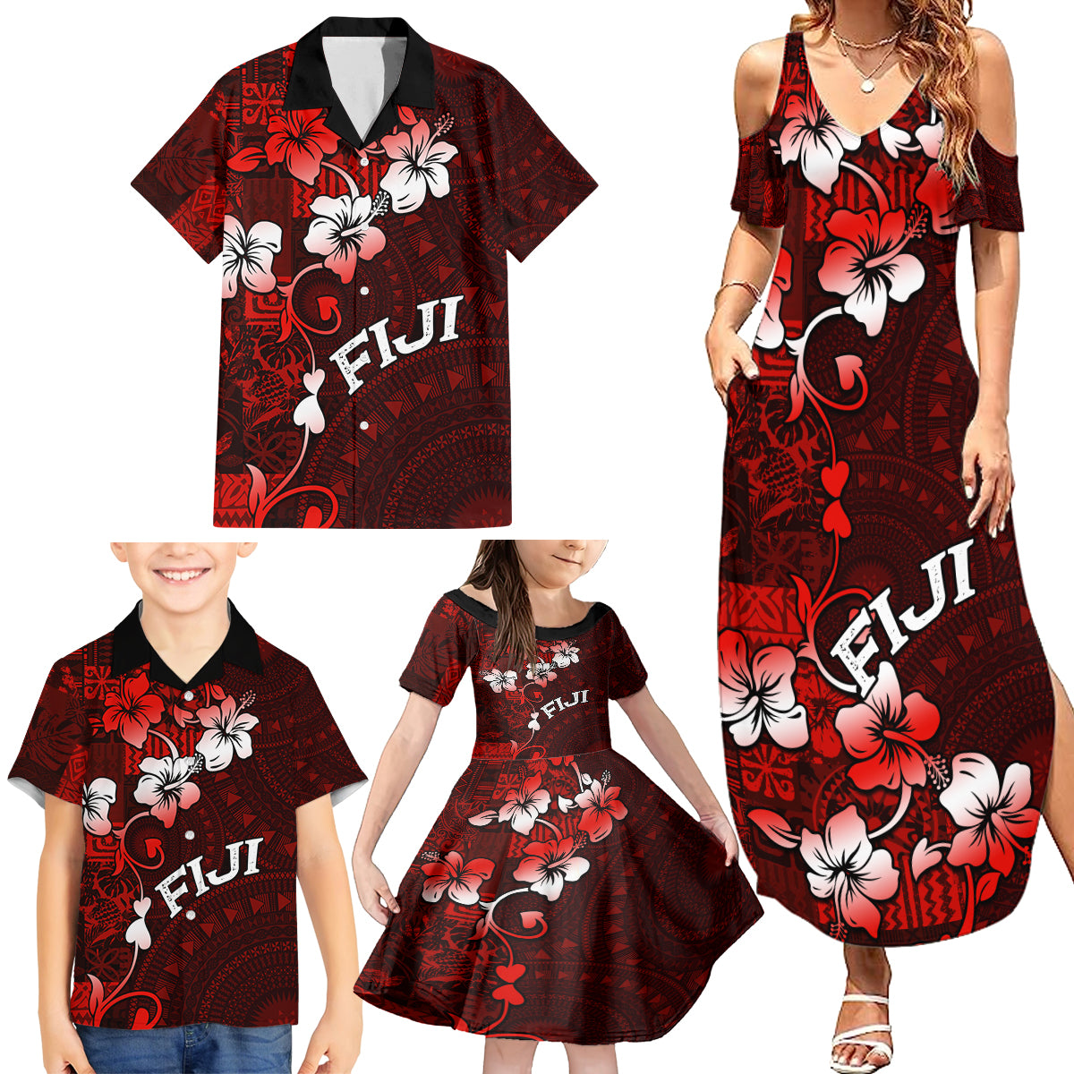 Fiji Masi Family Matching Summer Maxi Dress and Hawaiian Shirt Fijian Hibiscus Tapa Red Version LT01 - Polynesian Pride