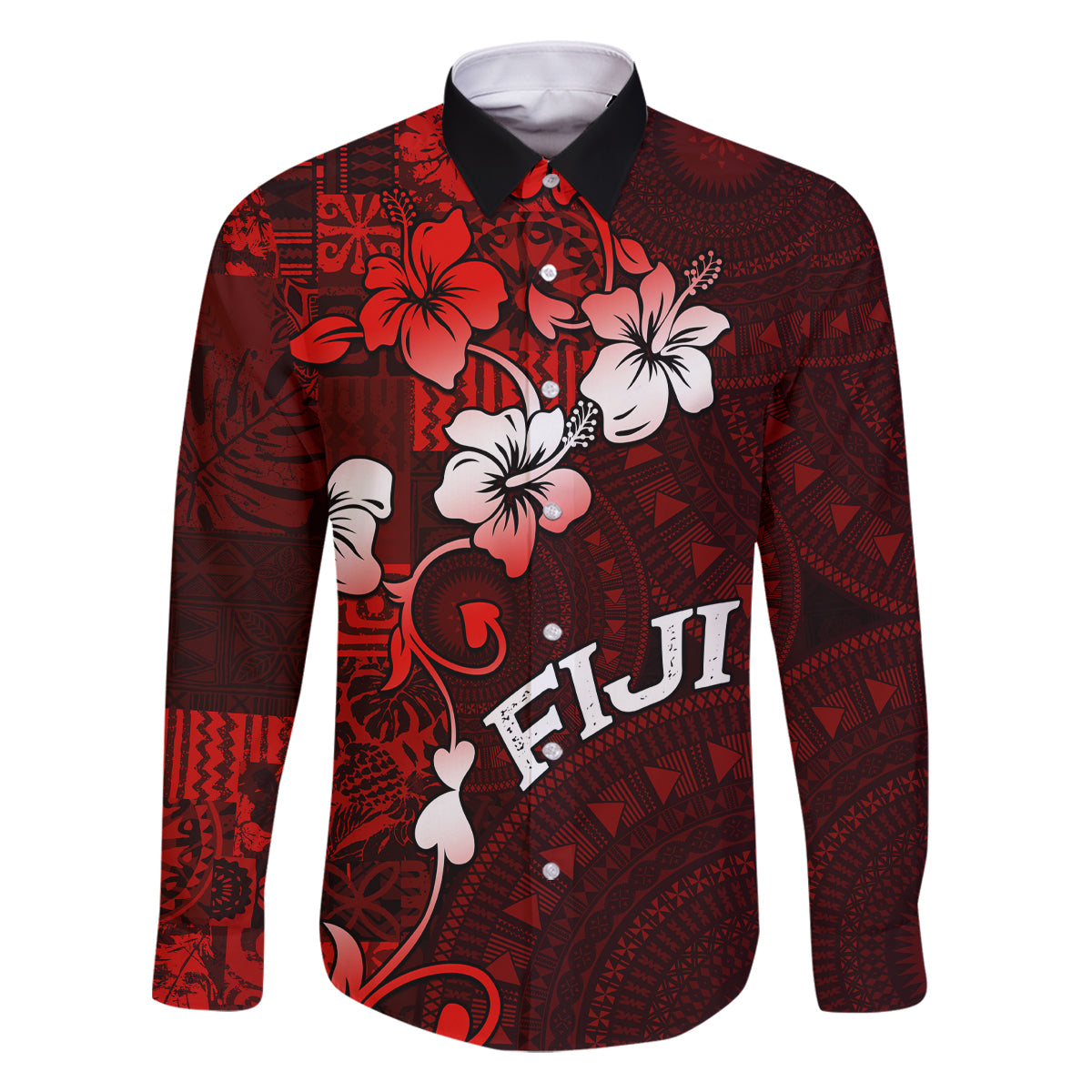 Fiji Masi Family Matching Summer Maxi Dress and Hawaiian Shirt Fijian Hibiscus Tapa Red Version LT01 Dad's Shirt - Long Sleeve Red - Polynesian Pride