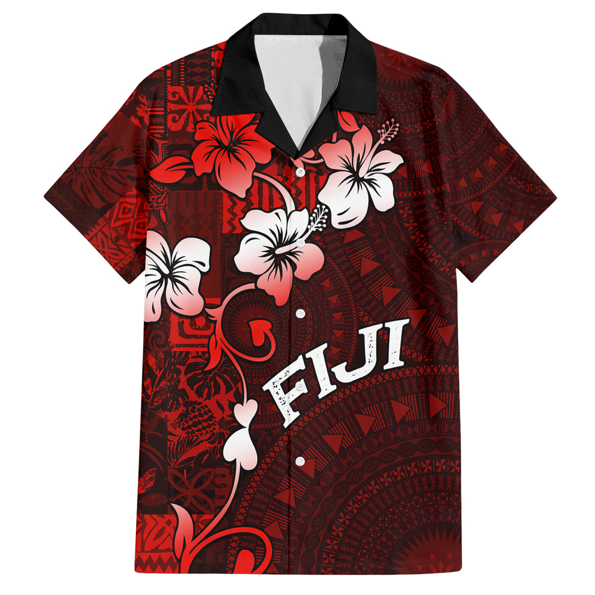 Fiji Masi Family Matching Tank Maxi Dress and Hawaiian Shirt Fijian Hibiscus Tapa Red Version LT01 Dad's Shirt - Short Sleeve Red - Polynesian Pride