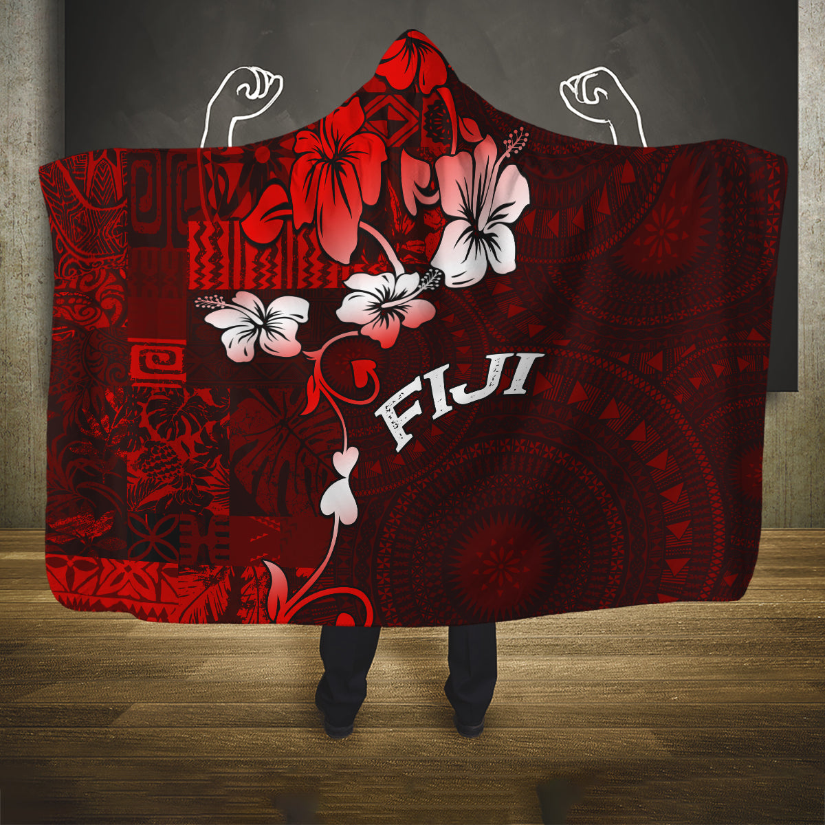 Fiji Masi Hooded Blanket Fijian Hibiscus Tapa Red Version LT01 One Size Red - Polynesian Pride