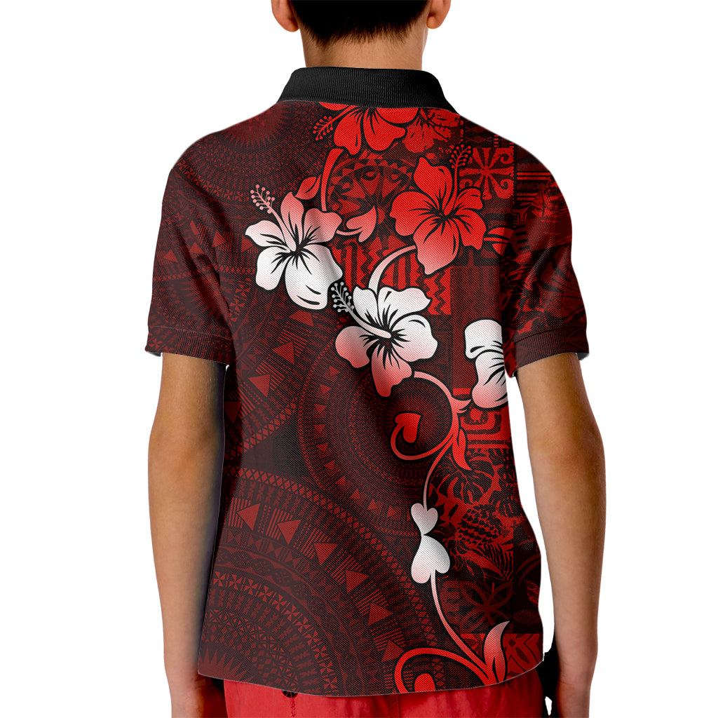 Fiji Masi Kid Polo Shirt Fijian Hibiscus Tapa Red Version LT01 - Polynesian Pride