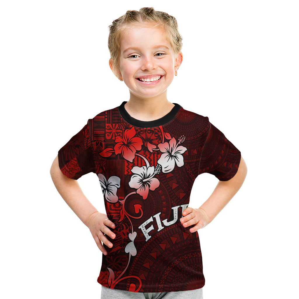 Fiji Masi Kid T Shirt Fijian Hibiscus Tapa Red Version LT01 Red - Polynesian Pride