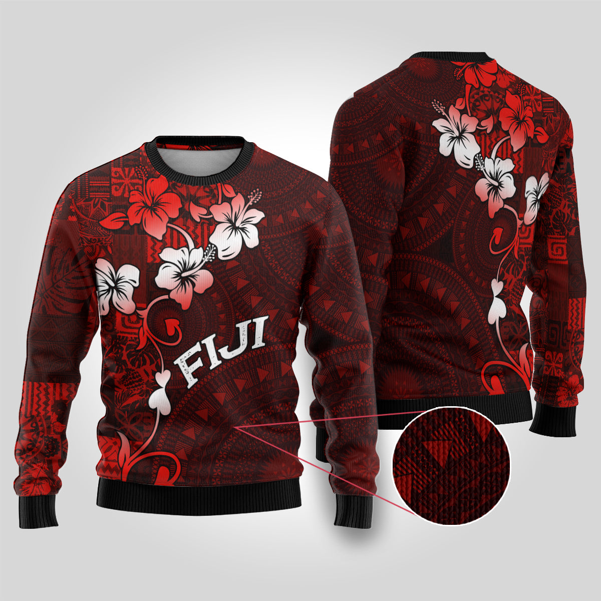 Fiji Masi Ugly Christmas Sweater Fijian Hibiscus Tapa Red Version LT01 Red - Polynesian Pride