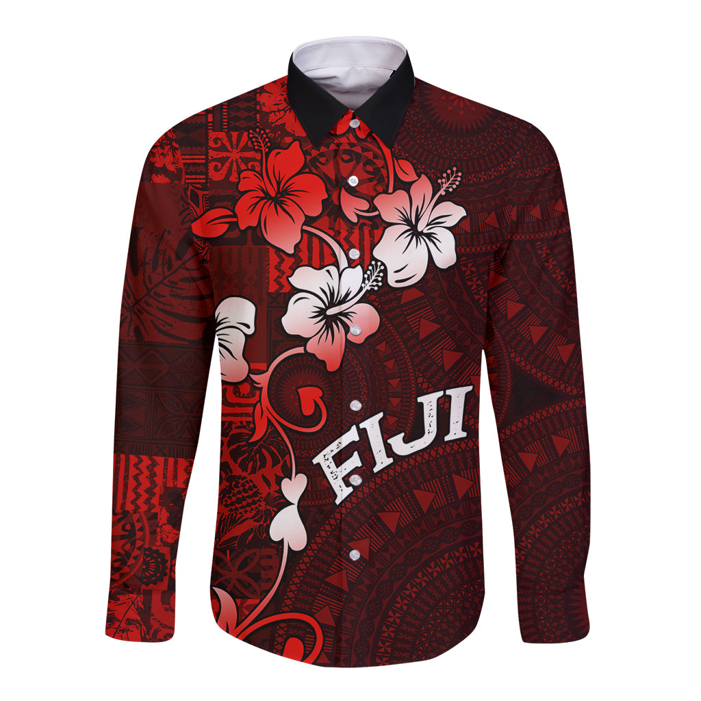 Fiji Masi Long Sleeve Button Shirt Fijian Hibiscus Tapa Red Version LT01 Unisex Red - Polynesian Pride