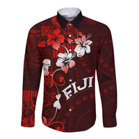 Fiji Masi Long Sleeve Button Shirt Fijian Hibiscus Tapa Red Version LT01 Unisex Red - Polynesian Pride