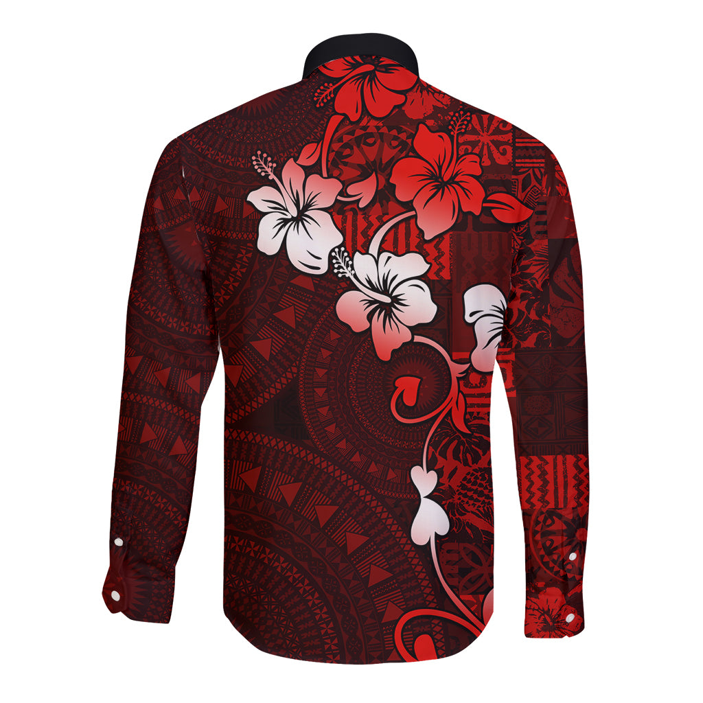 Fiji Masi Long Sleeve Button Shirt Fijian Hibiscus Tapa Red Version LT01 - Polynesian Pride