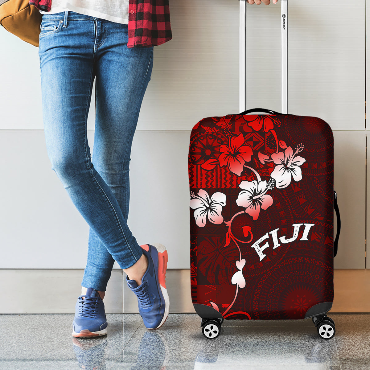 Fiji Masi Luggage Cover Fijian Hibiscus Tapa Red Version LT01 - Polynesian Pride