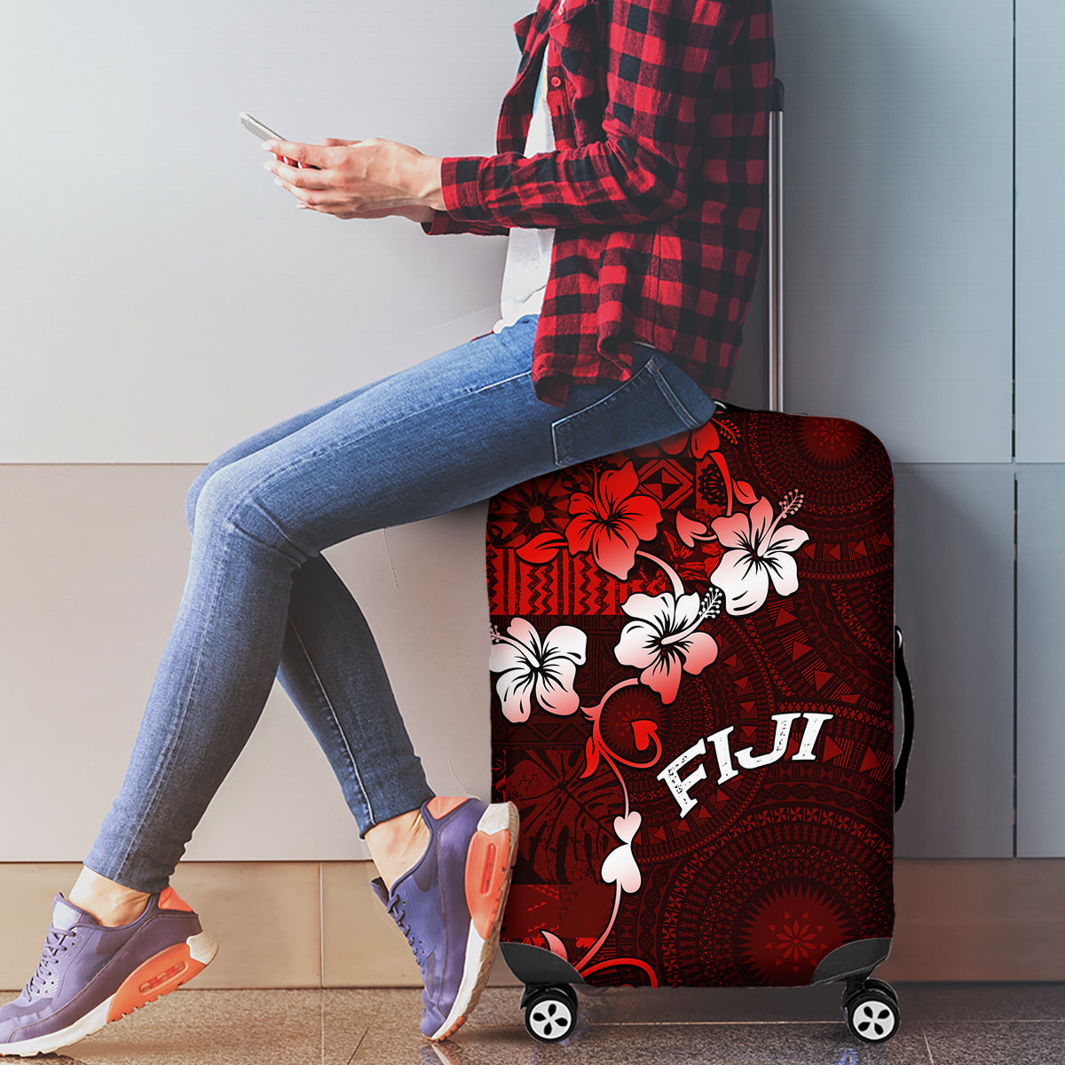 Fiji Masi Luggage Cover Fijian Hibiscus Tapa Red Version LT01 - Polynesian Pride